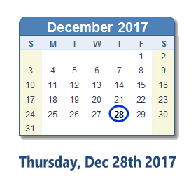 December 28, 2017 calendar