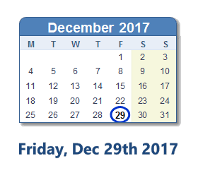 December 29, 2017 calendar