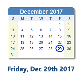 December 29, 2017 calendar