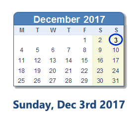 December 3, 2017 calendar
