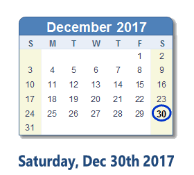 December 30, 2017 calendar