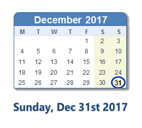 December 31, 2017 calendar