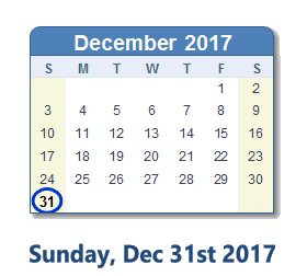 December 31, 2017 calendar