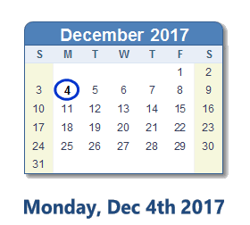 December 4, 2017 calendar