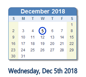 December 5, 2018 calendar