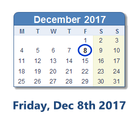December 8, 2017 calendar