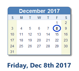 December 8, 2017 calendar
