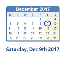 December 9, 2017 calendar