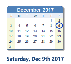 December 9, 2017 calendar