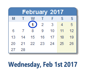 February 1, 2017 calendar