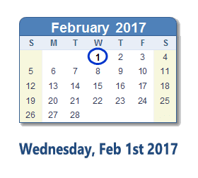 February 1, 2017 calendar