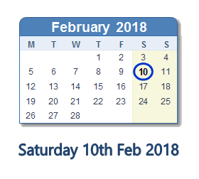 February 10, 2018 calendar