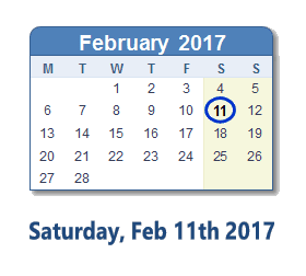 February 11, 2017 calendar