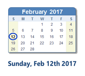 February 12, 2017 calendar