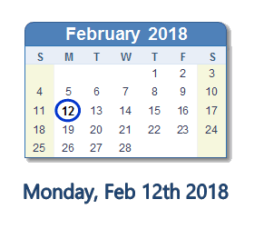 February 12, 2018 calendar