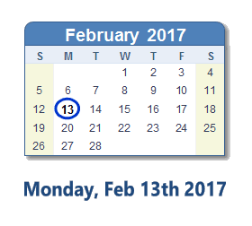February 13, 2017 calendar