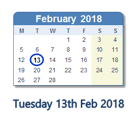 February 13, 2018 calendar