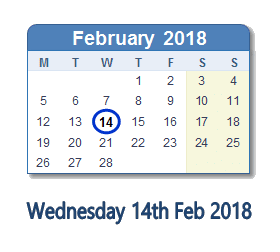 February 14, 2018 calendar