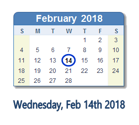 February 14, 2018 calendar