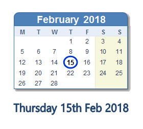 February 15, 2018 calendar