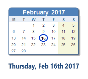 February 16, 2017 calendar