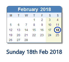 February 18, 2018 calendar