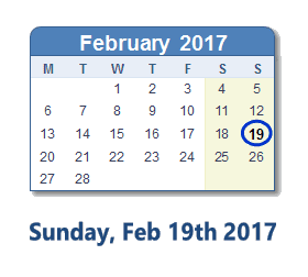 February 19, 2017 calendar