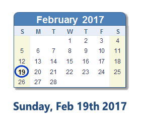 February 19, 2017 calendar