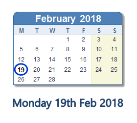 February 19, 2018 calendar