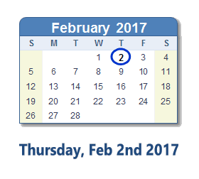 February 2, 2017 calendar