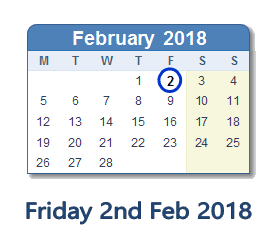February 2, 2018 calendar