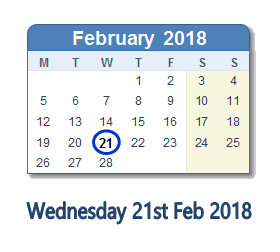 February 21, 2018 calendar