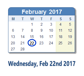 February 22, 2017 calendar