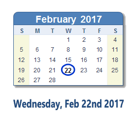 February 22, 2017 calendar
