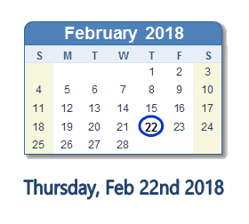 February 22, 2018 calendar