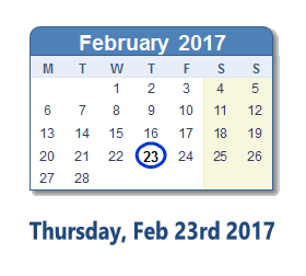 February 23, 2017 calendar