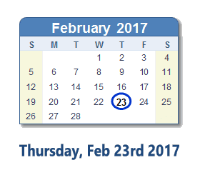 February 23, 2017 calendar