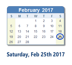 February 25, 2017 calendar