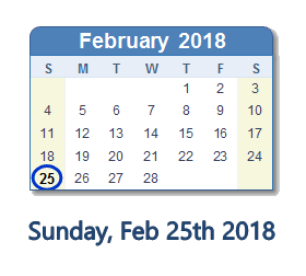 February 25, 2018 calendar