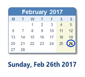 February 26, 2017 calendar