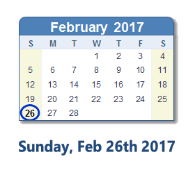 February 26, 2017 calendar