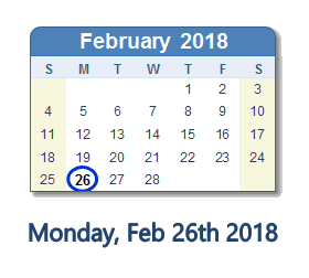 February 26, 2018 calendar