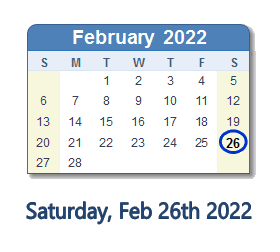 February 26, 2022 Calendar with Holidays & Count Down - USA