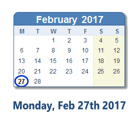 February 27, 2017 calendar