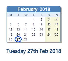 February 27, 2018 calendar