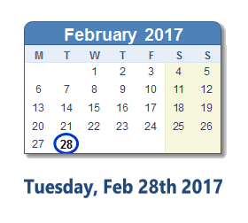 February 28, 2017 calendar
