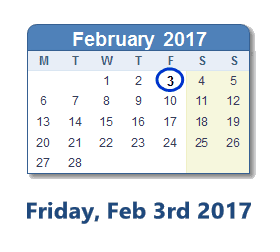 February 3, 2017 calendar
