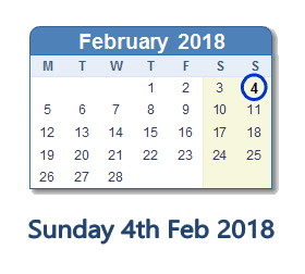 February 4, 2018 calendar