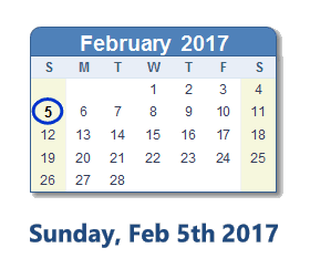 February 5, 2017 calendar