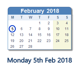 February 5, 2018 calendar